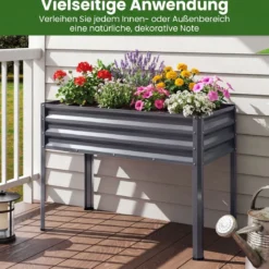 Hochbeet mit Beinen aus Metall Erhöhtes Gartenbeet Stabiler Pflanzkasten für Balkon Terrasse & Garten Schwarz/Grau/Silber