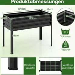 Hochbeet mit Beinen aus Metall Erhöhtes Gartenbeet Stabiler Pflanzkasten für Balkon Terrasse & Garten Schwarz/Grau/Silber