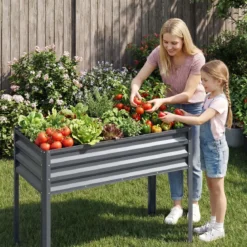 Hochbeet mit Beinen aus Metall Erhöhtes Gartenbeet Stabiler Pflanzkasten für Balkon Terrasse & Garten Schwarz/Grau/Silber