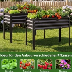 Hochbeet mit Beinen aus Metall Erhöhtes Gartenbeet Stabiler Pflanzkasten für Balkon Terrasse & Garten Schwarz/Grau/Silber