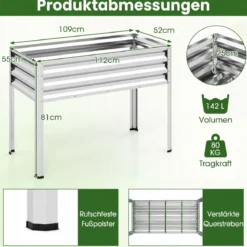Hochbeet mit Beinen aus Metall Erhöhtes Gartenbeet Stabiler Pflanzkasten für Balkon Terrasse & Garten Schwarz/Grau/Silber
