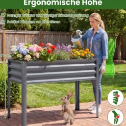 Hochbeet mit Beinen aus Metall Erhöhtes Gartenbeet Stabiler Pflanzkasten für Balkon Terrasse & Garten Schwarz/Grau/Silber