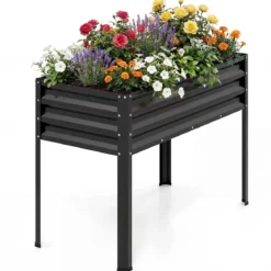 Hochbeet mit Beinen aus Metall Erhöhtes Gartenbeet Stabiler Pflanzkasten für Balkon Terrasse & Garten Schwarz/Grau/Silber