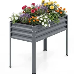 Hochbeet mit Beinen aus Metall Erhöhtes Gartenbeet Stabiler Pflanzkasten für Balkon Terrasse & Garten Schwarz/Grau/Silber
