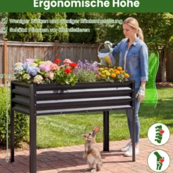 Hochbeet mit Beinen aus Metall Erhöhtes Gartenbeet Stabiler Pflanzkasten für Balkon Terrasse & Garten Schwarz/Grau/Silber