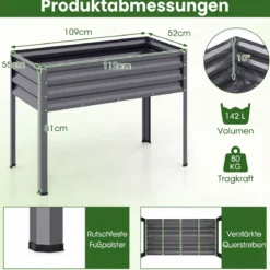 Hochbeet mit Beinen aus Metall Erhöhtes Gartenbeet Stabiler Pflanzkasten für Balkon Terrasse & Garten Schwarz/Grau/Silber