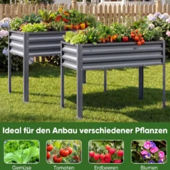 Hochbeet mit Beinen aus Metall Erhöhtes Gartenbeet Stabiler Pflanzkasten für Balkon Terrasse & Garten Schwarz/Grau/Silber