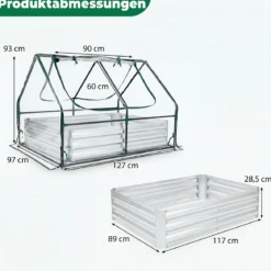 Hochbeet mit Gewächshaus Pflanzkasten aus Verzinktem Metall mit 2 Aufrollbaren Fenstern 127x97x93cm