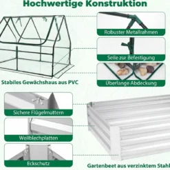Hochbeet mit Gewächshaus Pflanzkasten aus Verzinktem Metall mit 2 Aufrollbaren Fenstern 127x97x93cm