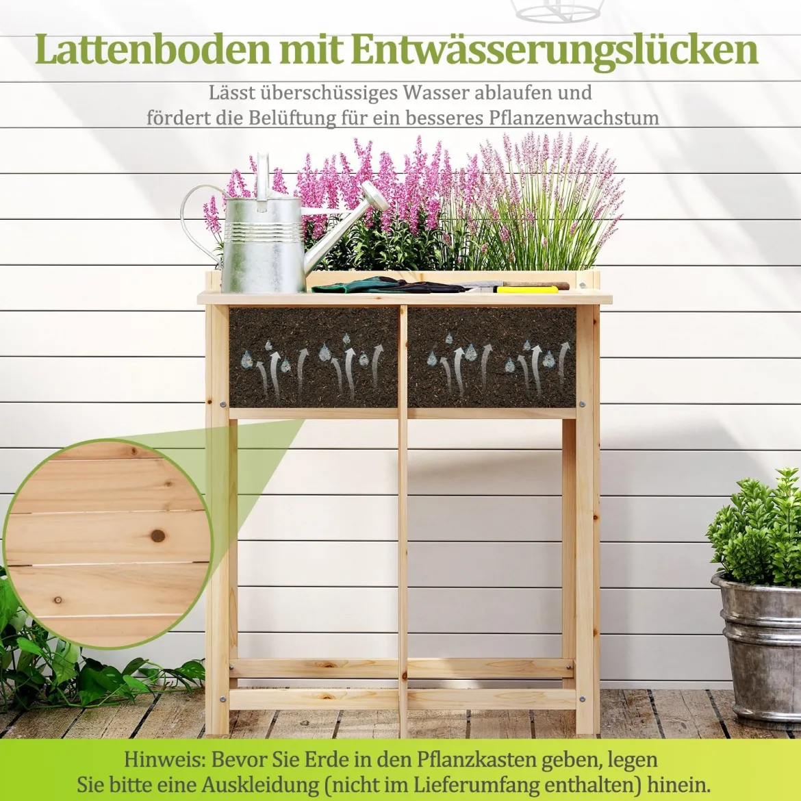 Hochbeet mit klappbarer Tischplatte Blumenkasten Holz mit Abflusslöchern 63 x 67 x 74 cm Natur