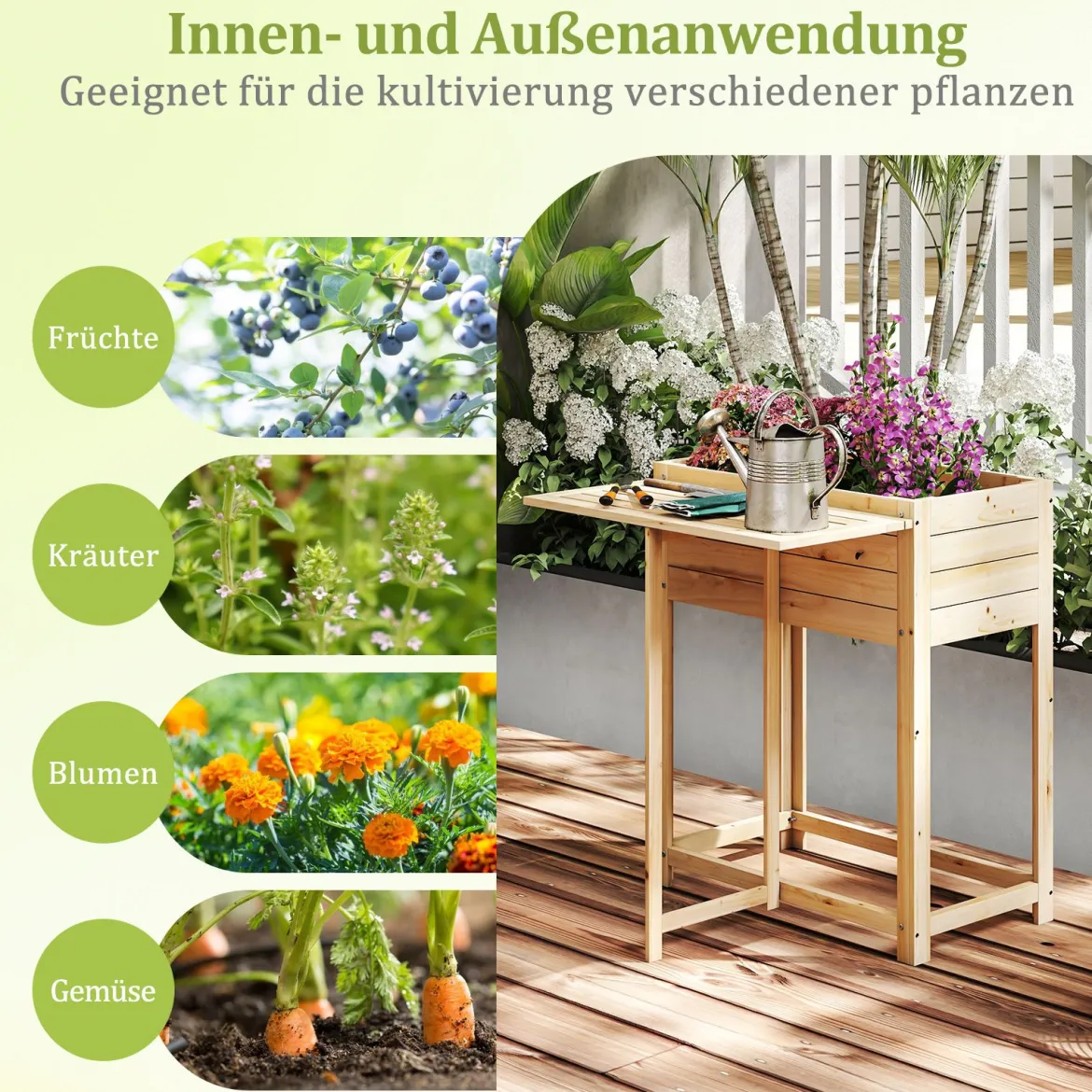 Hochbeet mit klappbarer Tischplatte Blumenkasten Holz mit Abflusslöchern 63 x 67 x 74 cm Natur