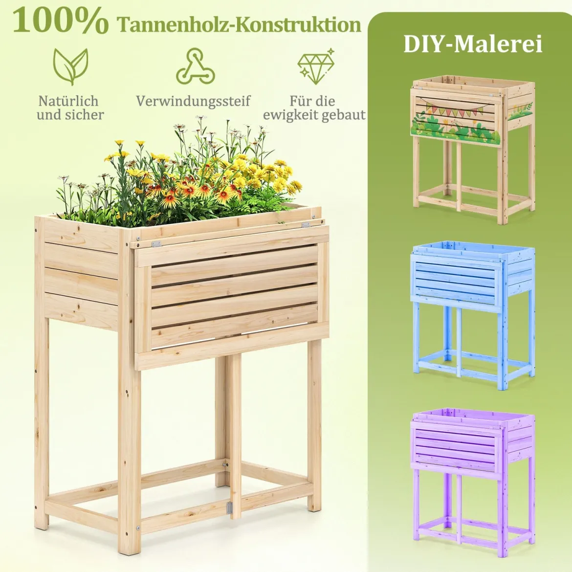 Hochbeet mit klappbarer Tischplatte Blumenkasten Holz mit Abflusslöchern 63 x 67 x 74 cm Natur