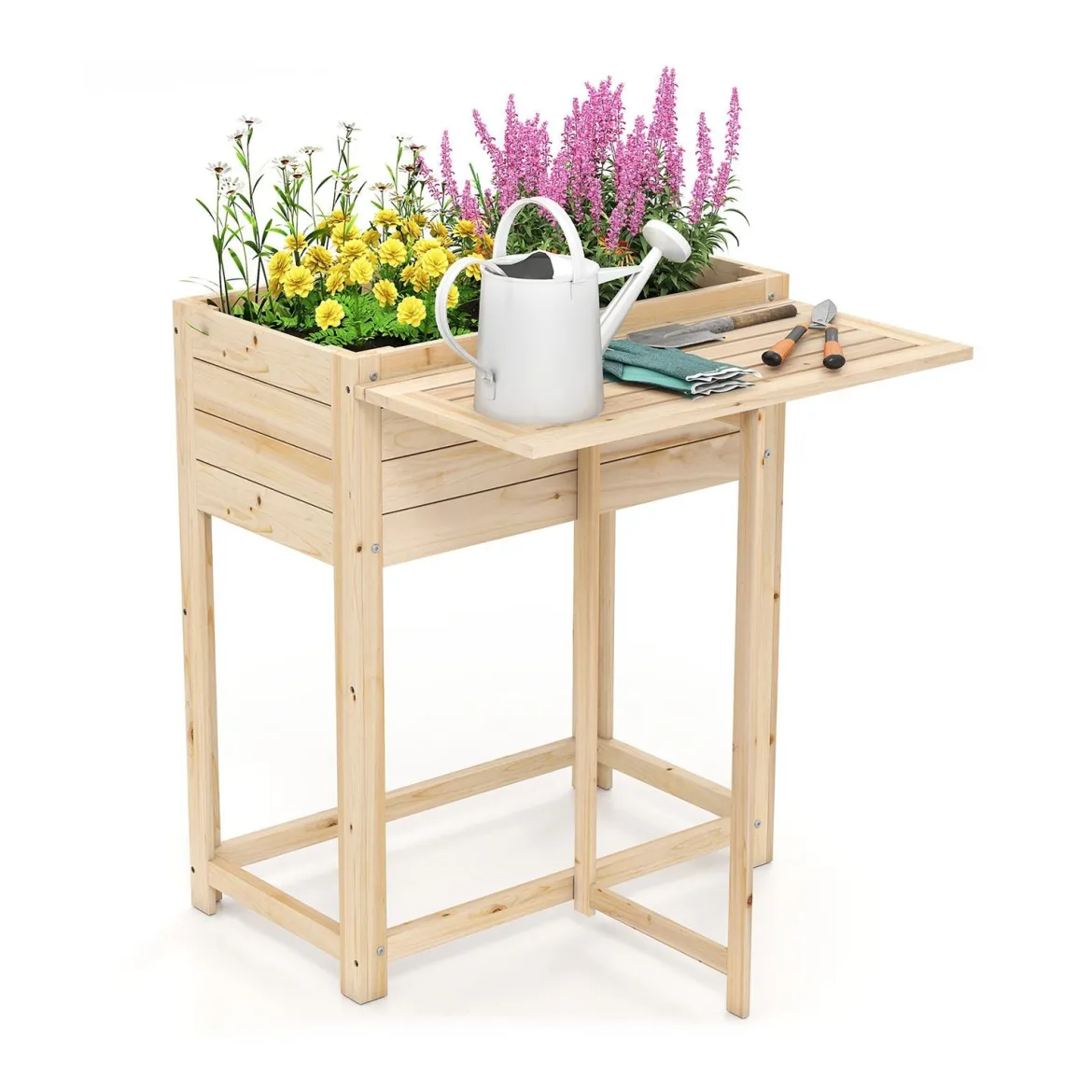Hochbeet mit klappbarer Tischplatte Blumenkasten Holz mit Abflusslöchern 63 x 67 x 74 cm Natur