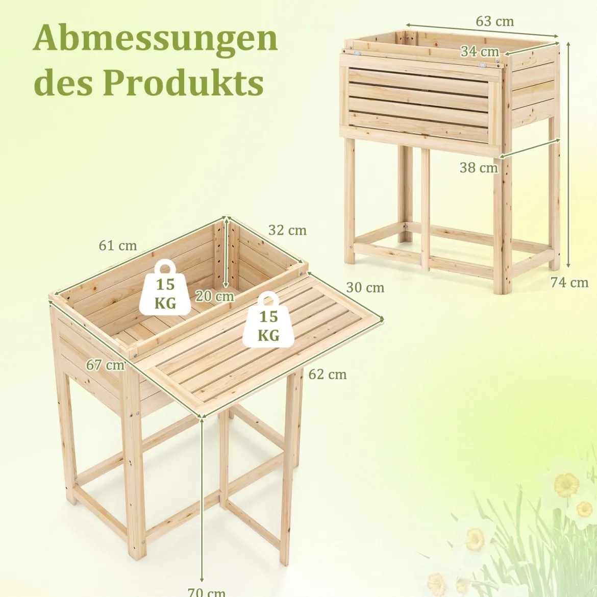 Hochbeet mit klappbarer Tischplatte Blumenkasten Holz mit Abflusslöchern 63 x 67 x 74 cm Natur
