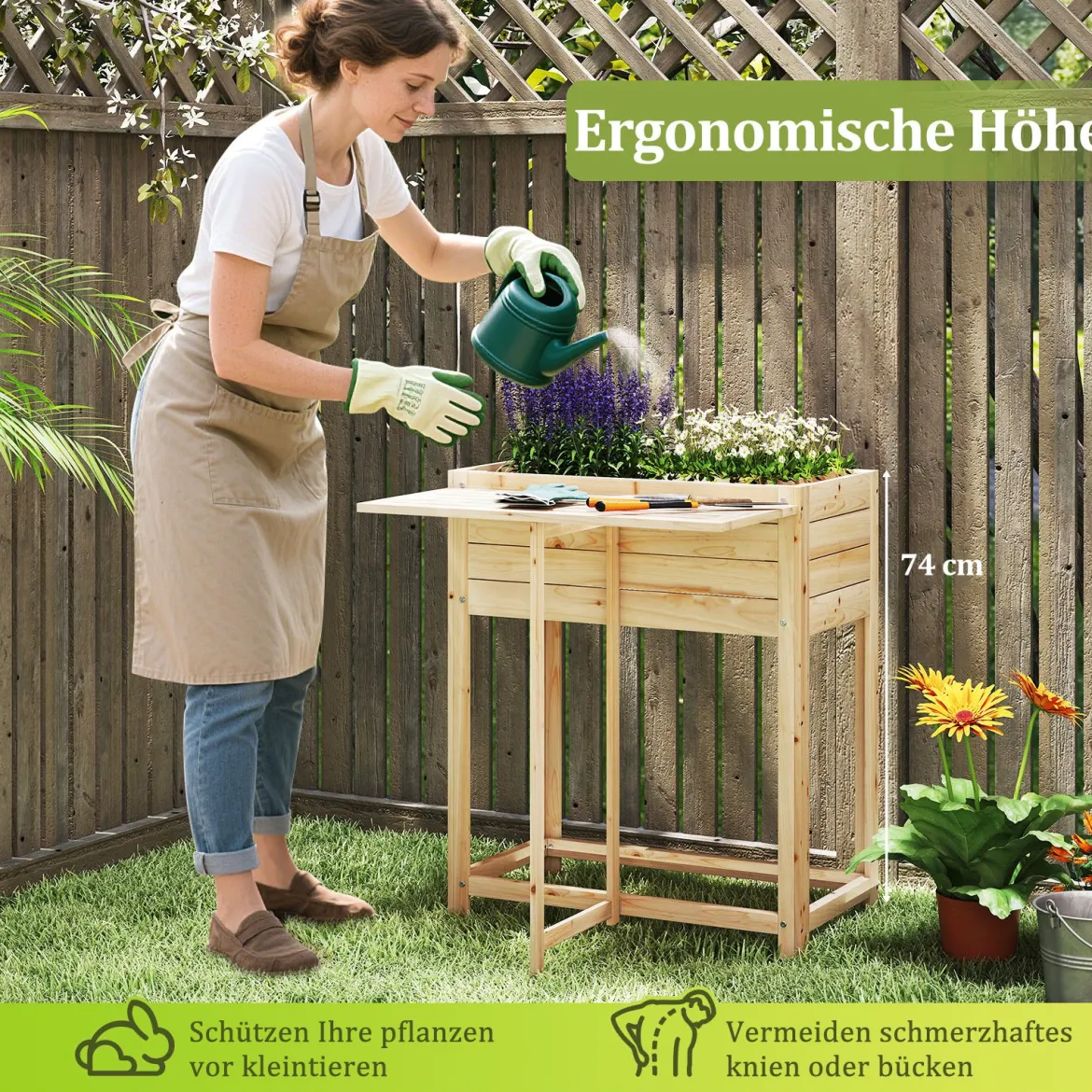 Hochbeet mit klappbarer Tischplatte Blumenkasten Holz mit Abflusslöchern 63 x 67 x 74 cm Natur