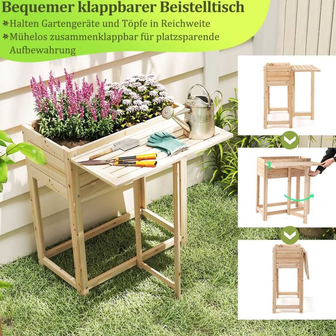 Hochbeet mit klappbarer Tischplatte Blumenkasten Holz mit Abflusslöchern 63 x 67 x 74 cm Natur