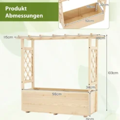 Hochbeet mit Rankgitter & hängendem Dach Pflanzkasten mit Rankhilfe & Abflusslöchern Natur 115 x 40 x 103 cm