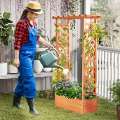 Hochbeet mit Rankgitter & Hängendem Dach Pflanzkasten Blumenkasten für Kletterpflanzen