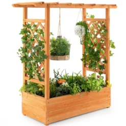 Hochbeet mit Rankgitter & Hängendem Dach Pflanzkasten Blumenkasten für Kletterpflanzen
