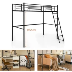Hochbett aus Metall Hochbelastbares Etagenbett mit integrierter Leiter 206 x 95 x 180,5 cm Schwarz