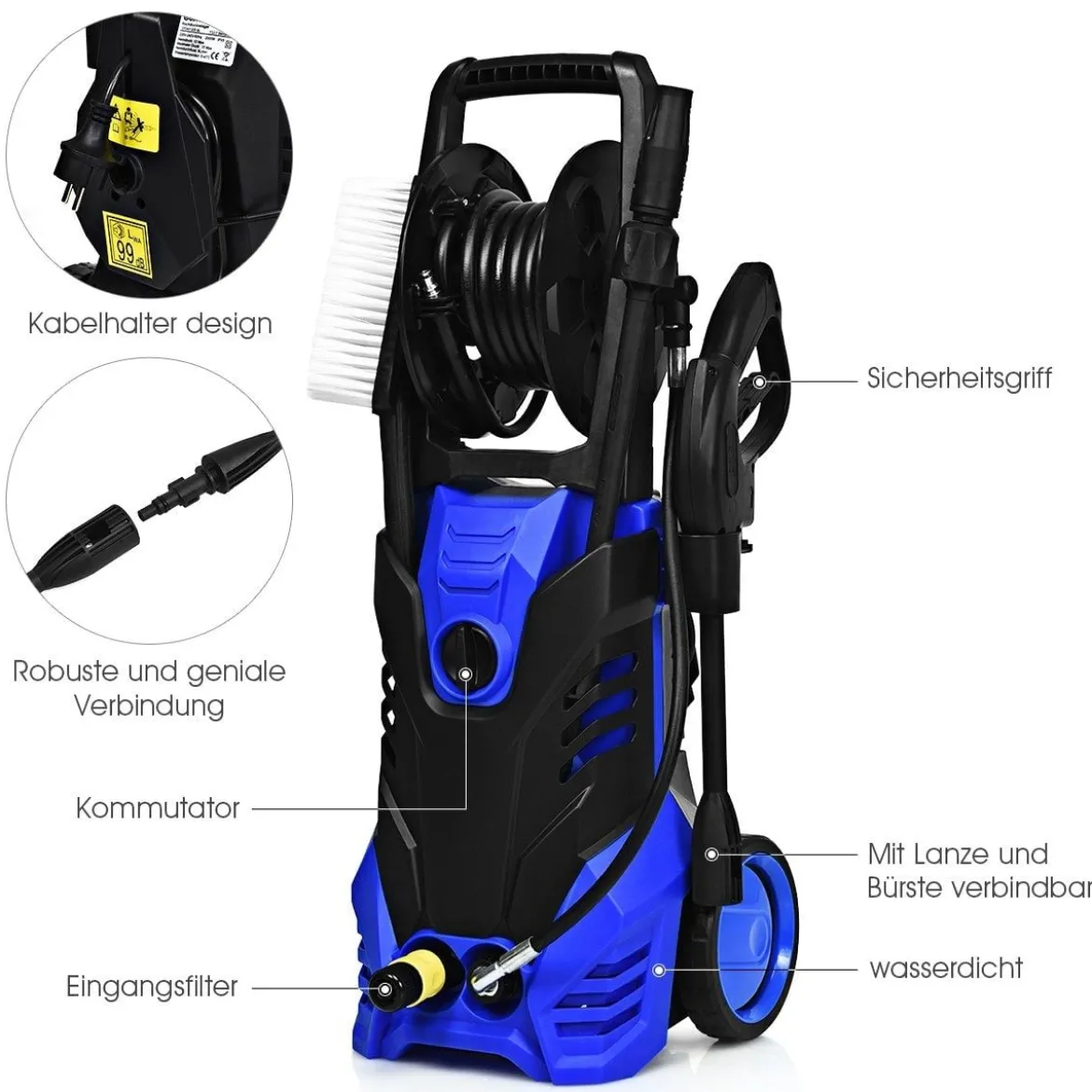 Hochdruckreiniger mit Hochdruckdüse & Zubehör ideal für Garten und Haus 140 Bar 6 L/Min 2000W Blau