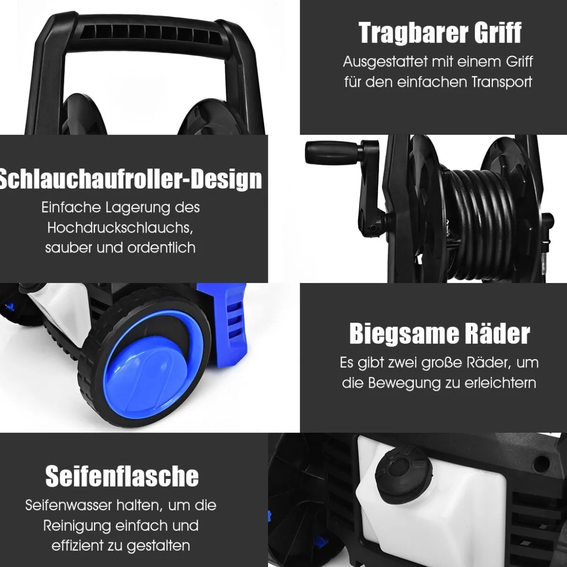 Hochdruckreiniger mit Hochdruckdüse & Zubehör ideal für Garten und Haus 140 Bar 6 L/Min 2000W Blau