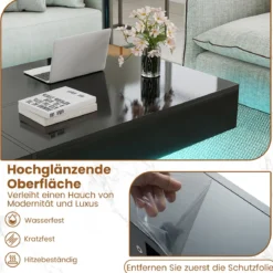 Hochglanz Couchtisch mit 16-Farbiger LED Beleuchtung & 3 Schubladen Rechteckiger Kaffeetisch Schwarz