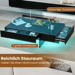 Hochglanz Couchtisch mit 16-Farbiger LED Beleuchtung & 3 Schubladen Rechteckiger Kaffeetisch Schwarz