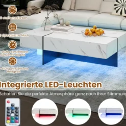 Hochglanz Couchtisch mit 16-Farbiger LED Beleuchtung & 3 Schubladen Rechteckiger Kaffeetisch Weiß