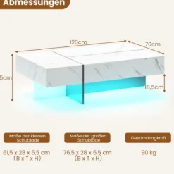 Hochglanz Couchtisch mit 16-Farbiger LED Beleuchtung & 3 Schubladen Rechteckiger Kaffeetisch Weiß