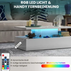 Hochglanz LED-Couchtisch mit Einstellbaren Lichtfarben & Helligkeit Wohnzimmertisch