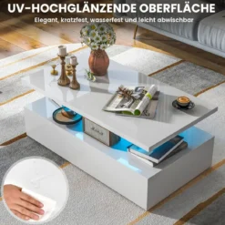 Hochglanz LED-Couchtisch mit Einstellbaren Lichtfarben & Helligkeit Wohnzimmertisch