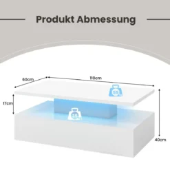 Hochglanz LED-Couchtisch mit Einstellbaren Lichtfarben & Helligkeit Wohnzimmertisch