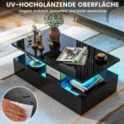 Hochglanz LED-Couchtisch mit Einstellbaren Lichtfarben & Helligkeit Wohnzimmertisch