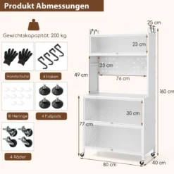 Hoch Küchenschrank mit Rollen & Klapptüren & Stecktafel & Haken Buffetschrank Weiß
