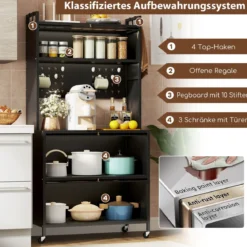 Hoch Küchenschrank mit Rollen & Klapptüren & Stecktafel & Haken Buffetschrank Schwarz