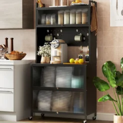 Hoch Küchenschrank mit Rollen & Klapptüren & Stecktafel & Haken Buffetschrank Schwarz