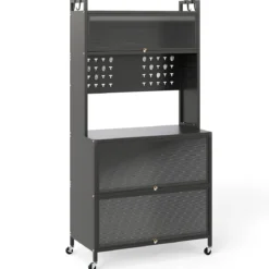 Hoch Küchenschrank mit Rollen & Klapptüren & Stecktafel & Haken Buffetschrank Grau