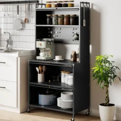 Hoch Küchenschrank mit Rollen & Klapptüren & Stecktafel & Haken Buffetschrank Grau