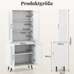Hoch Küchenschrank mit 4 Transparenten Türen & Verstellbares Regal Küchenregal Buffetschrank Weiß