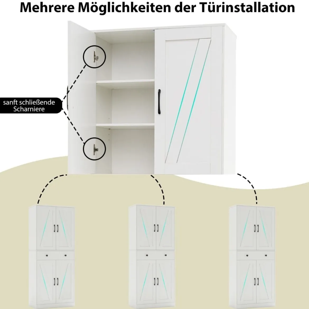 Hoch Küchenschrank mit 4 Türen & Schublade & 3 Verstellbaren Regalen Vorratsschrank Weiß