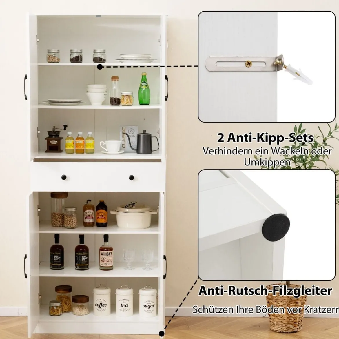Hoch Küchenschrank mit 4 Türen & Schublade & 3 Verstellbaren Regalen Vorratsschrank Weiß