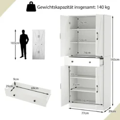 Hoch Küchenschrank mit 4 Türen & Schublade & 3 Verstellbaren Regalen Vorratsschrank Weiß