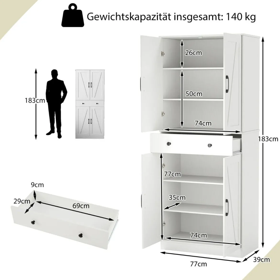 Hoch Küchenschrank mit 4 Türen & Schublade & 3 Verstellbaren Regalen Vorratsschrank Weiß