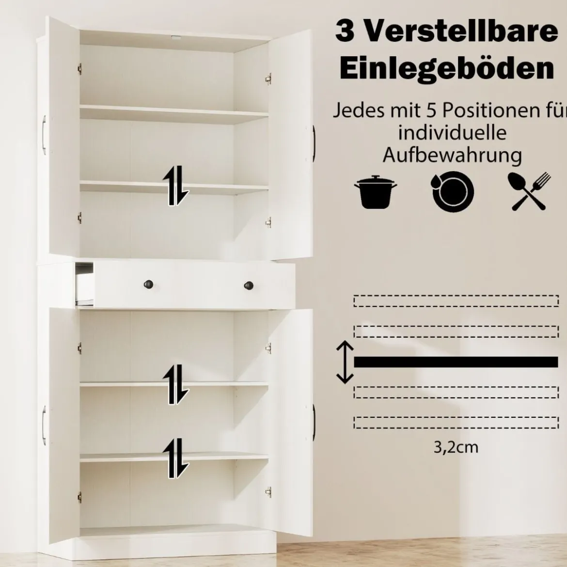 Hoch Küchenschrank mit 4 Türen & Schublade & 3 Verstellbaren Regalen Vorratsschrank Weiß