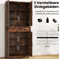 Hoch Küchenschrank mit 4 Türen & Schublade & 3 Verstellbaren Regalen Vorratsschrank Braun