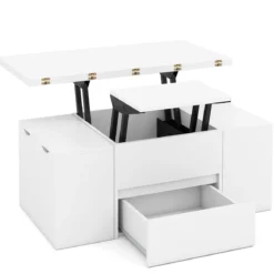 Hochklappbarer Couchtisch mit 4 Aufbewahrungshockern 3-in-1 Wohnzimmertisch Klappbar Weiß