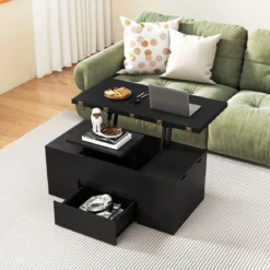 Hochklappbarer Couchtisch mit 4 Aufbewahrungshockern 3-in-1 Wohnzimmertisch Klappbar Schwarz