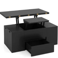 Hochklappbarer Couchtisch mit 4 Aufbewahrungshockern 3-in-1 Wohnzimmertisch Klappbar Schwarz