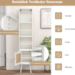 Hochschrank aus natürlichem Rattan freistehendes schmales Ablageregal mit Rattantür Weiß